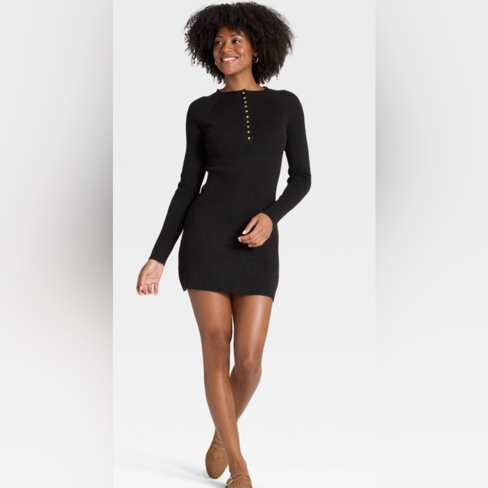 NWT Universal Thread black ribbed sweater midi dress, gold buttons, size small
